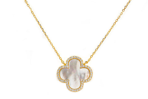 Carved White Mother of Pearl & CZ Quatrefoil Necklaces - Assorted Sizes