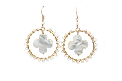 Freshwater Cultured Pearl & Mother of Pearl Quatrefoil Hoops